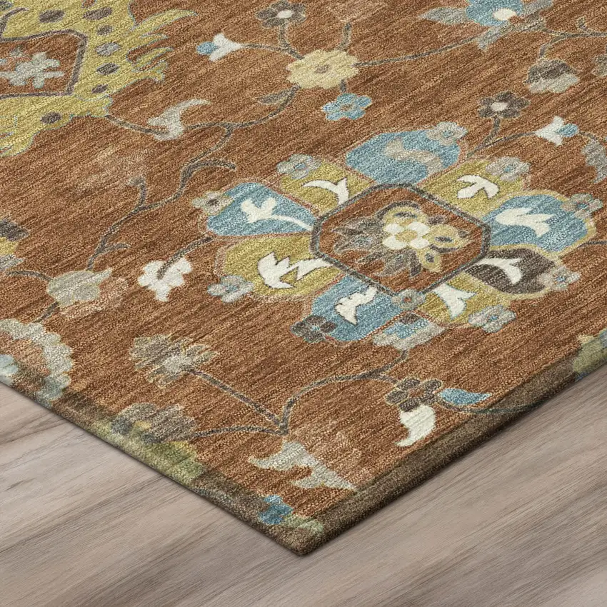 8' Orange And Brown Round Floral Washable Indoor Outdoor Area Rug Photo 4