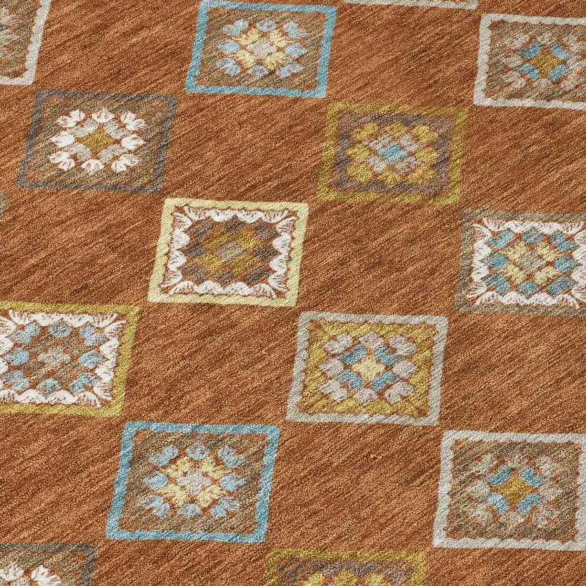 8' Orange And Brown Round Geometric Washable Indoor Outdoor Area Rug Photo 5