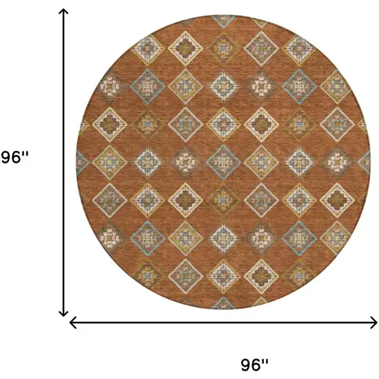 8' Orange And Brown Round Geometric Washable Indoor Outdoor Area Rug Photo 6