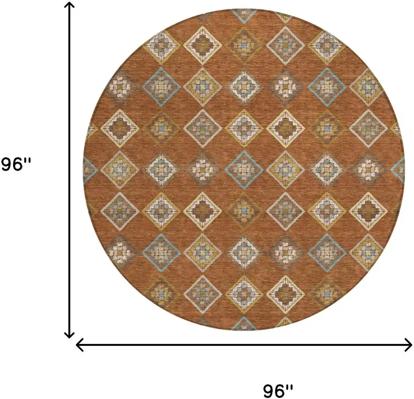 8' Orange And Brown Round Geometric Washable Indoor Outdoor Area Rug Photo 6