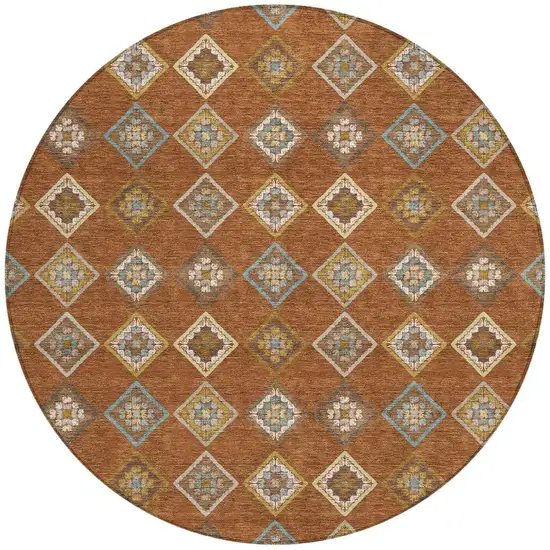 8' Orange And Brown Round Geometric Washable Indoor Outdoor Area Rug Photo 3