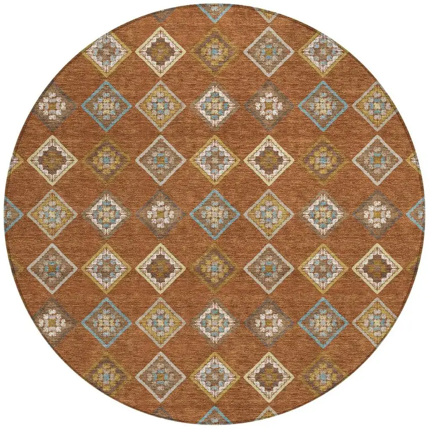 8' Orange And Brown Round Geometric Washable Indoor Outdoor Area Rug Photo 3