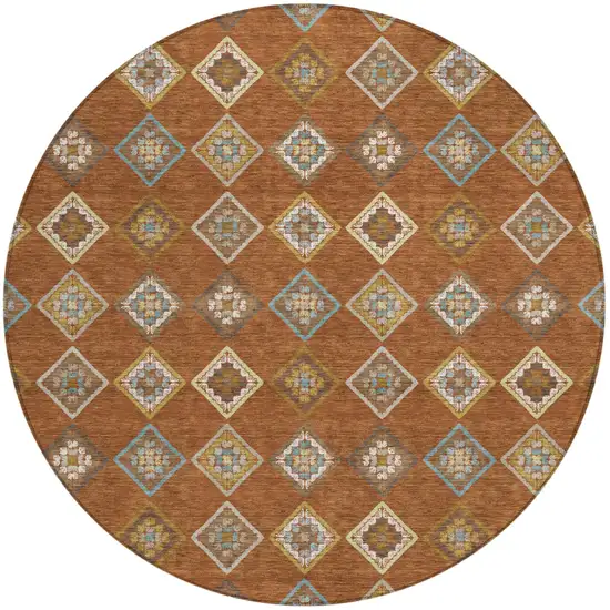 8' Orange And Brown Round Geometric Washable Indoor Outdoor Area Rug Photo 1