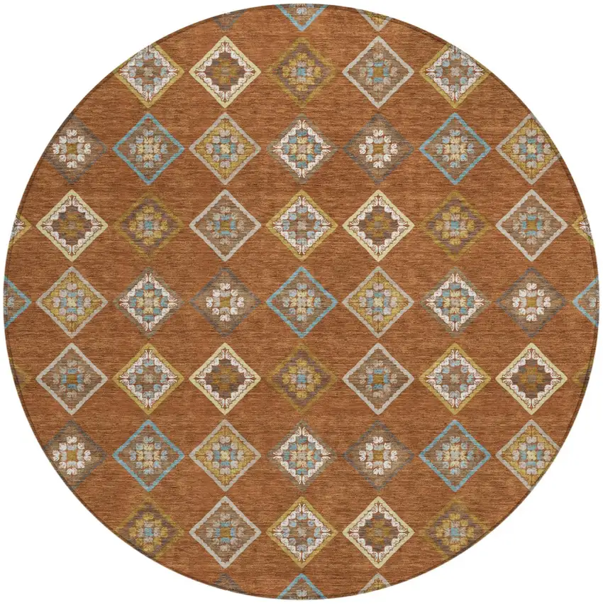 8' Orange And Brown Round Geometric Washable Indoor Outdoor Area Rug Photo 1