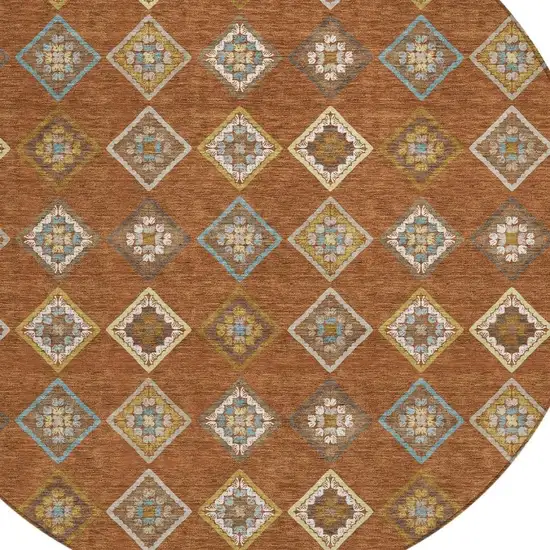 8' Orange And Brown Round Geometric Washable Indoor Outdoor Area Rug Photo 2