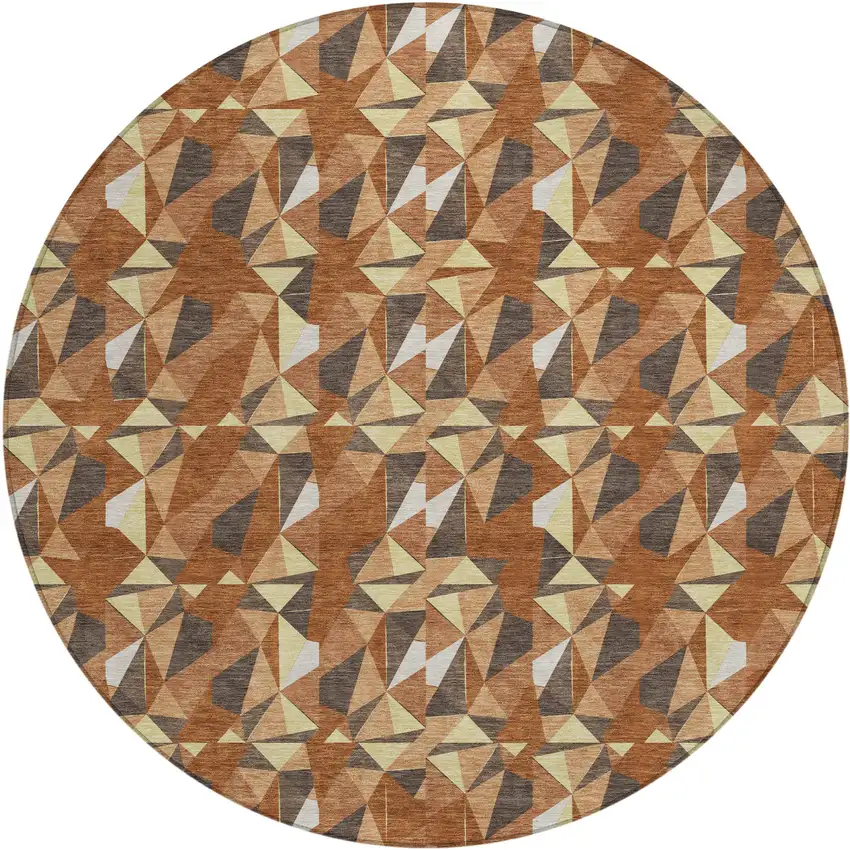 8' Orange And Brown Round Geometric Washable Indoor Outdoor Area Rug Photo 1