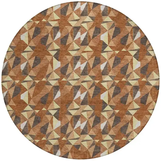 8' Orange And Brown Round Geometric Washable Indoor Outdoor Area Rug Photo 3