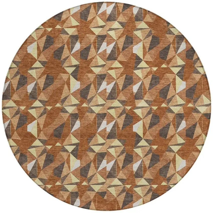 8' Orange And Brown Round Geometric Washable Indoor Outdoor Area Rug Photo 3
