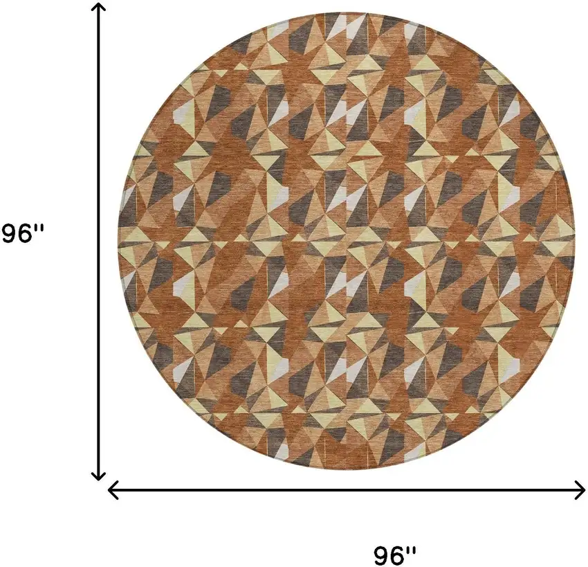 8' Orange And Brown Round Geometric Washable Indoor Outdoor Area Rug Photo 6