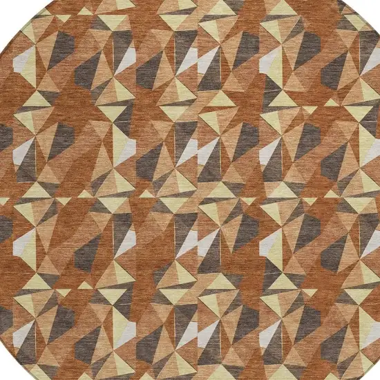 8' Orange And Brown Round Geometric Washable Indoor Outdoor Area Rug Photo 2