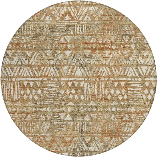 8' Orange And Brown Round Geometric Washable Indoor Outdoor Area Rug Photo 1