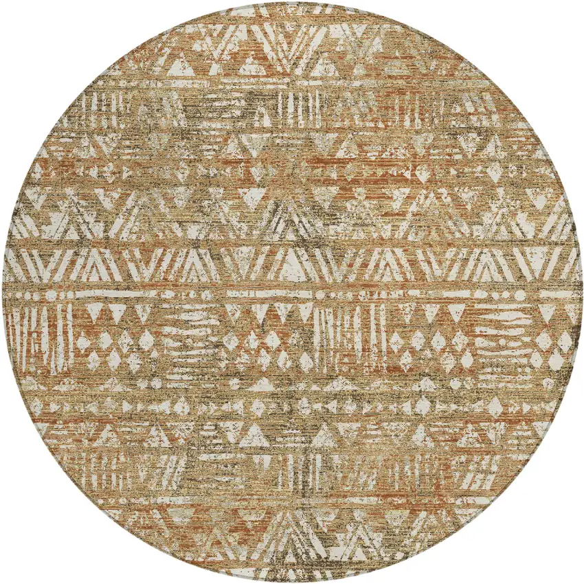 8' Orange And Brown Round Geometric Washable Indoor Outdoor Area Rug Photo 1