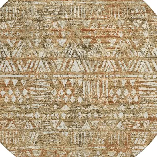 8' Orange And Brown Round Geometric Washable Indoor Outdoor Area Rug Photo 2