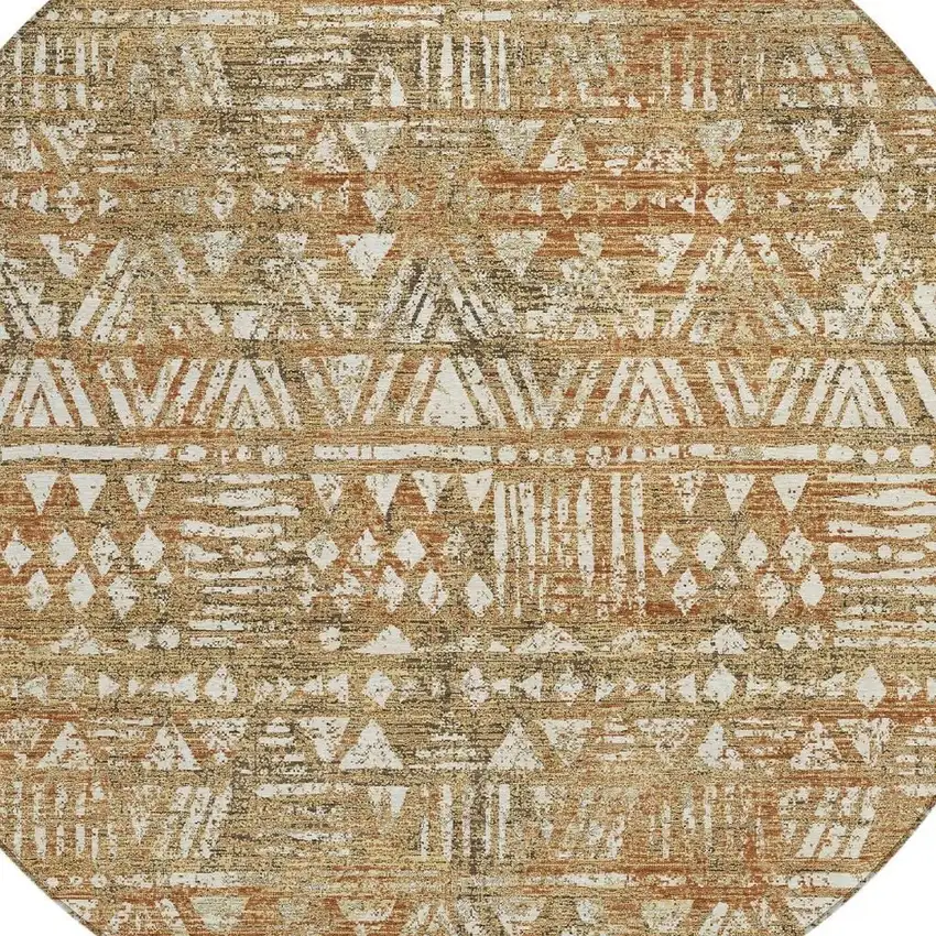 8' Orange And Brown Round Geometric Washable Indoor Outdoor Area Rug Photo 2