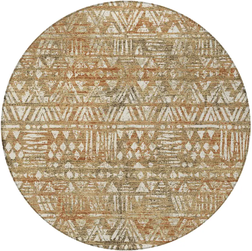 8' Orange And Brown Round Geometric Washable Indoor Outdoor Area Rug Photo 3
