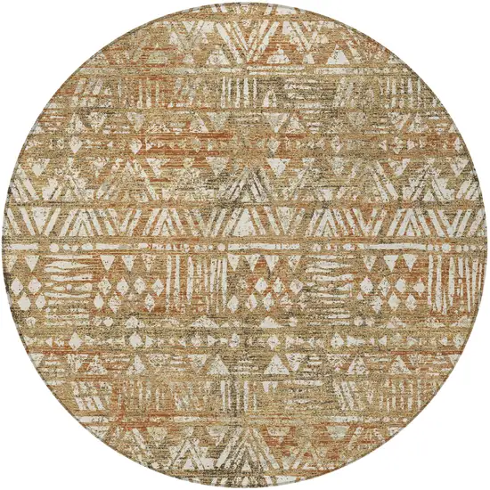 8' Orange And Brown Round Geometric Washable Indoor Outdoor Area Rug Photo 3