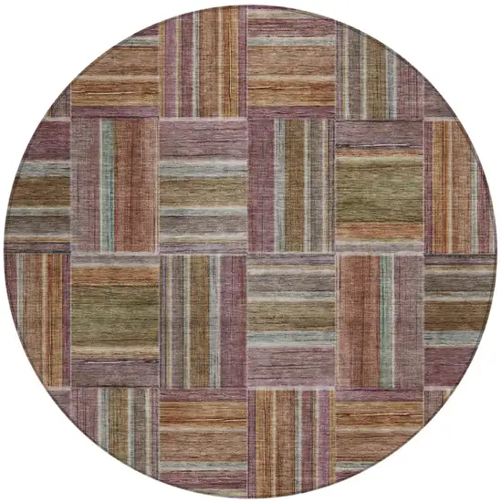 8' Orange And Brown Round Geometric Washable Indoor Outdoor Area Rug Photo 2