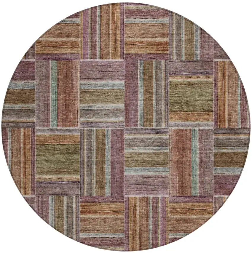 8' Orange And Brown Round Geometric Washable Indoor Outdoor Area Rug Photo 2