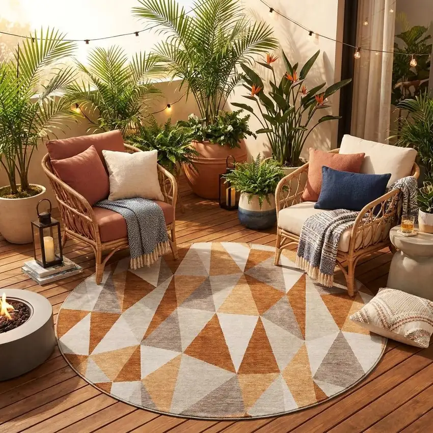8' Orange And Brown Round Geometric Washable Indoor Outdoor Area Rug Photo 1