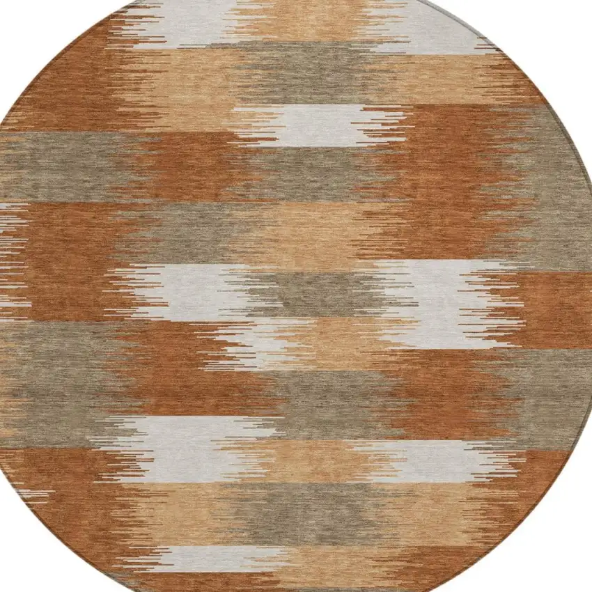 8' Orange And Brown Round Geometric Washable Indoor Outdoor Area Rug Photo 2