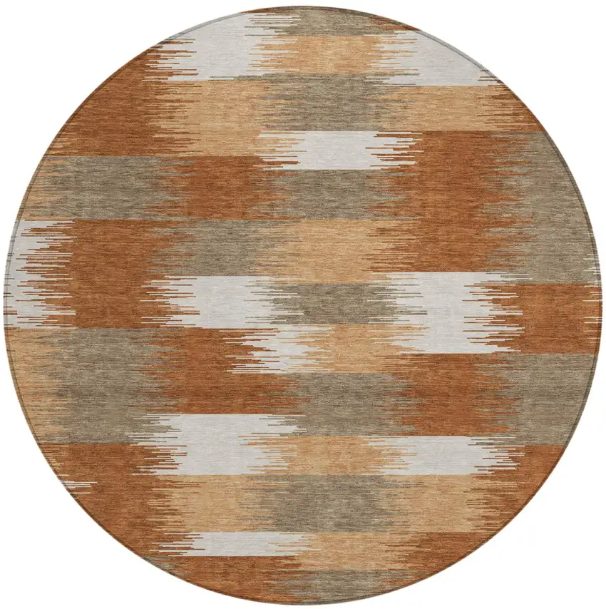 8' Orange And Brown Round Geometric Washable Indoor Outdoor Area Rug Photo 1