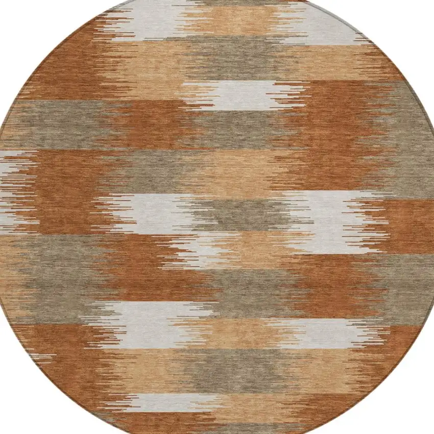 8' Orange And Brown Round Geometric Washable Indoor Outdoor Area Rug Photo 3