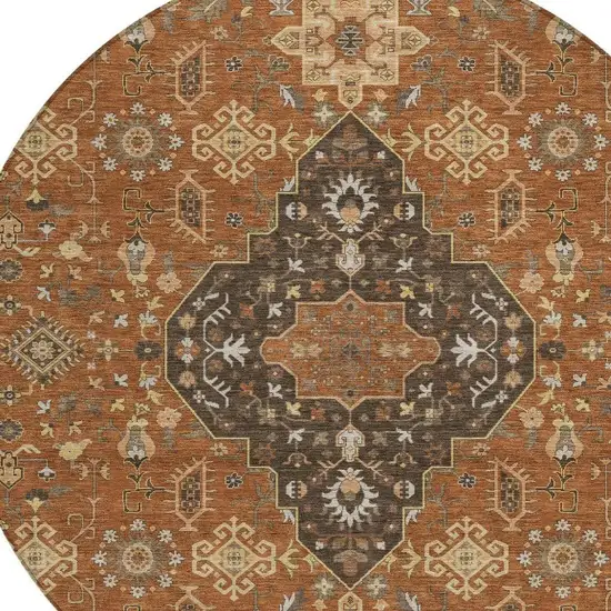 8' Orange And Brown Round Medallion Washable Indoor Outdoor Area Rug Photo 3