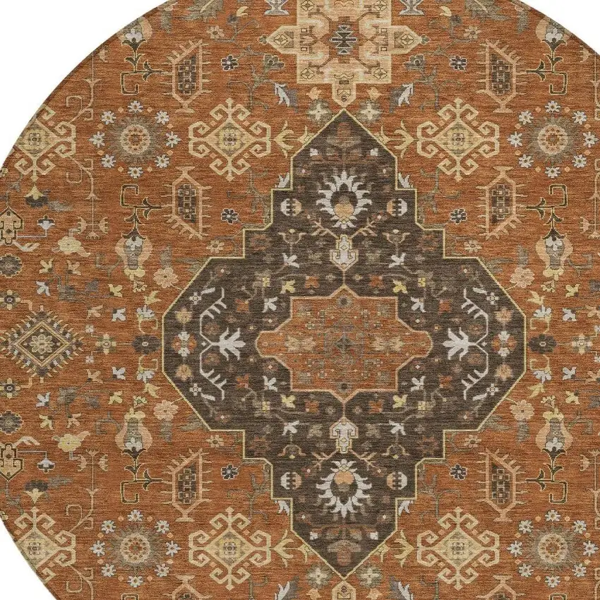 8' Orange And Brown Round Medallion Washable Indoor Outdoor Area Rug Photo 3