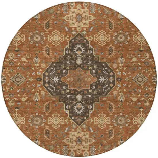8' Orange And Brown Round Medallion Washable Indoor Outdoor Area Rug Photo 4