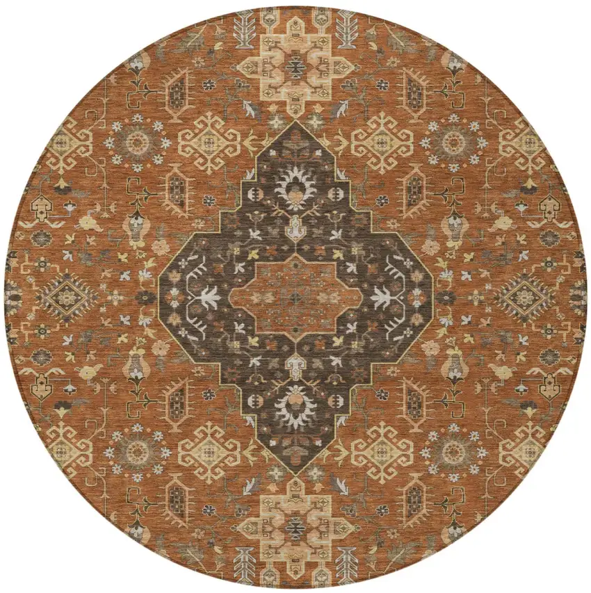 8' Orange And Brown Round Medallion Washable Indoor Outdoor Area Rug Photo 4