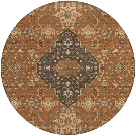 8' Orange And Brown Round Medallion Washable Indoor Outdoor Area Rug Photo 2
