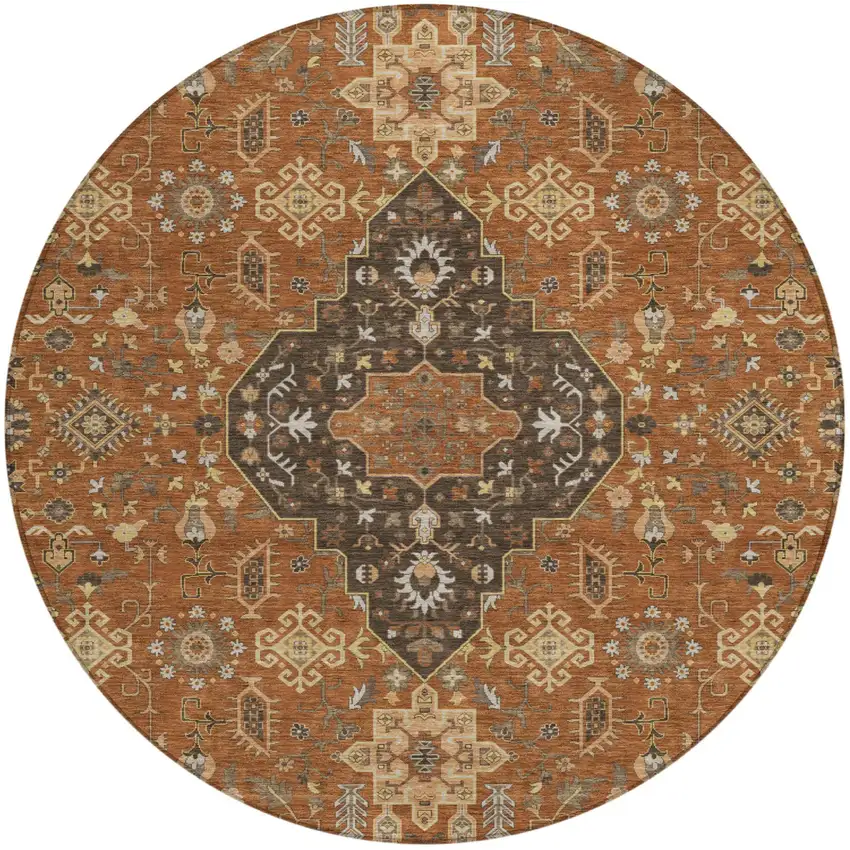 8' Orange And Brown Round Medallion Washable Indoor Outdoor Area Rug Photo 2