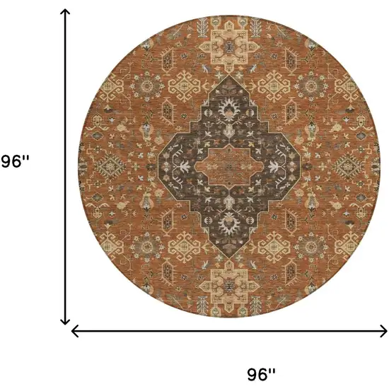 8' Orange And Brown Round Medallion Washable Indoor Outdoor Area Rug Photo 7