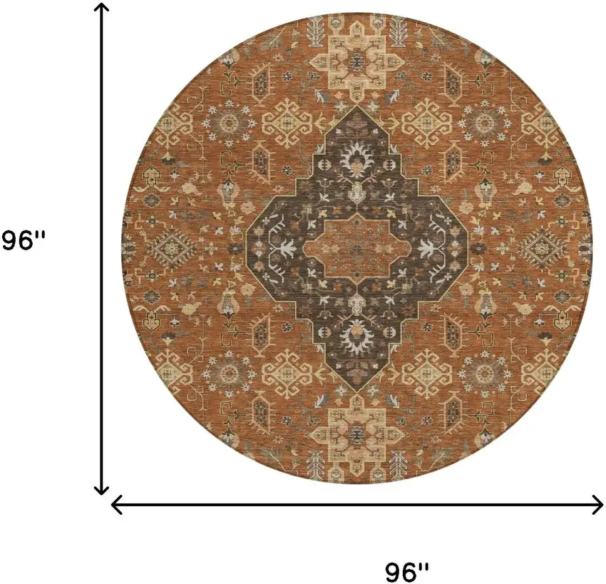 8' Orange And Brown Round Medallion Washable Indoor Outdoor Area Rug Photo 7