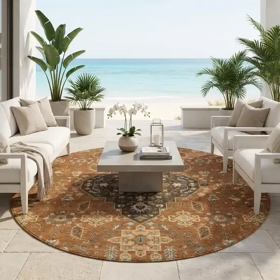 8' Orange And Brown Round Medallion Washable Indoor Outdoor Area Rug Photo 1