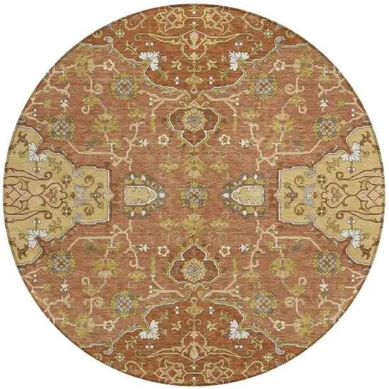 8' Orange And Brown Round Oriental Washable Indoor Outdoor Area Rug Photo 2
