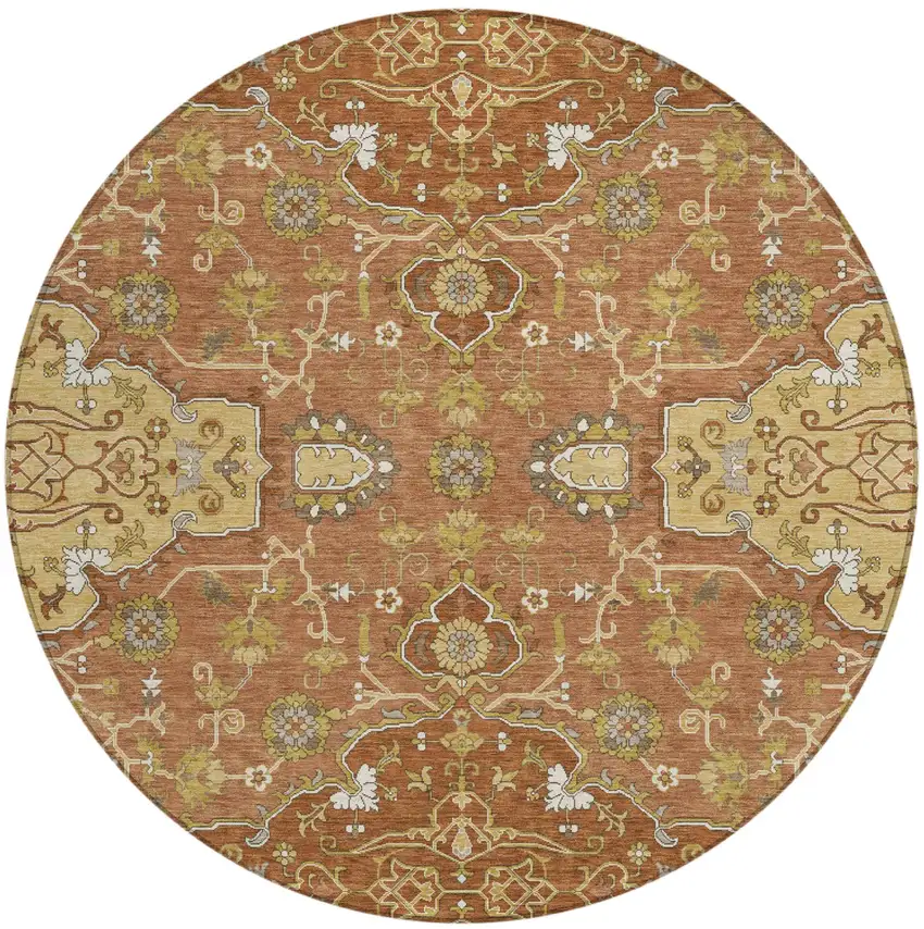 8' Orange And Brown Round Oriental Washable Indoor Outdoor Area Rug Photo 2