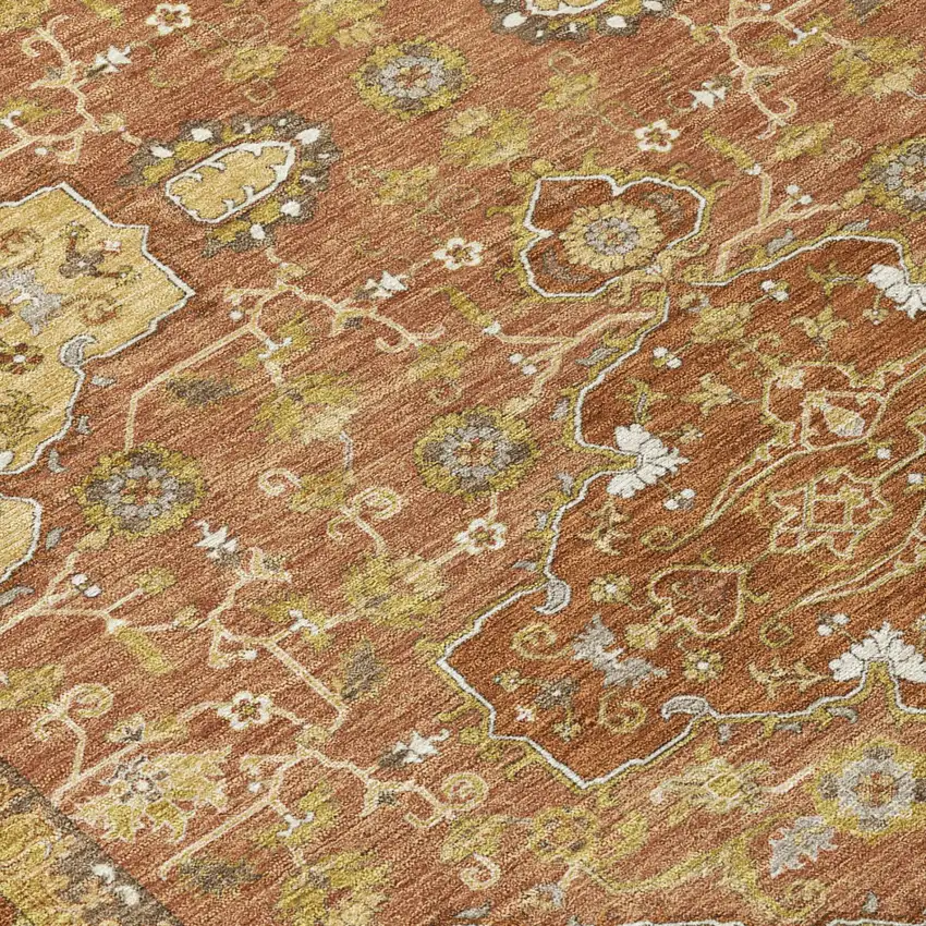 8' Orange And Brown Round Oriental Washable Indoor Outdoor Area Rug Photo 4
