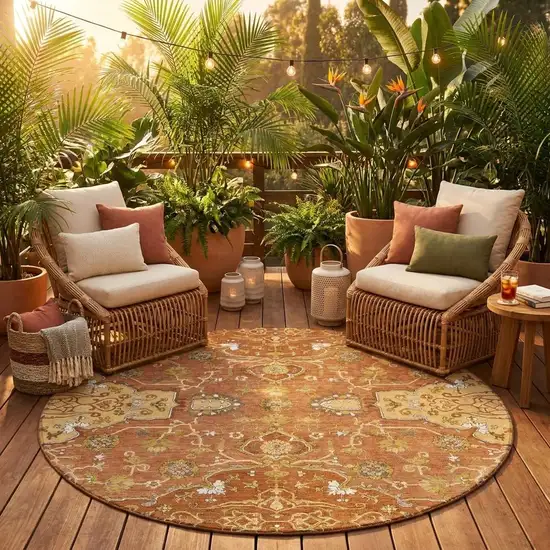 8' Orange And Brown Round Oriental Washable Indoor Outdoor Area Rug Photo 1
