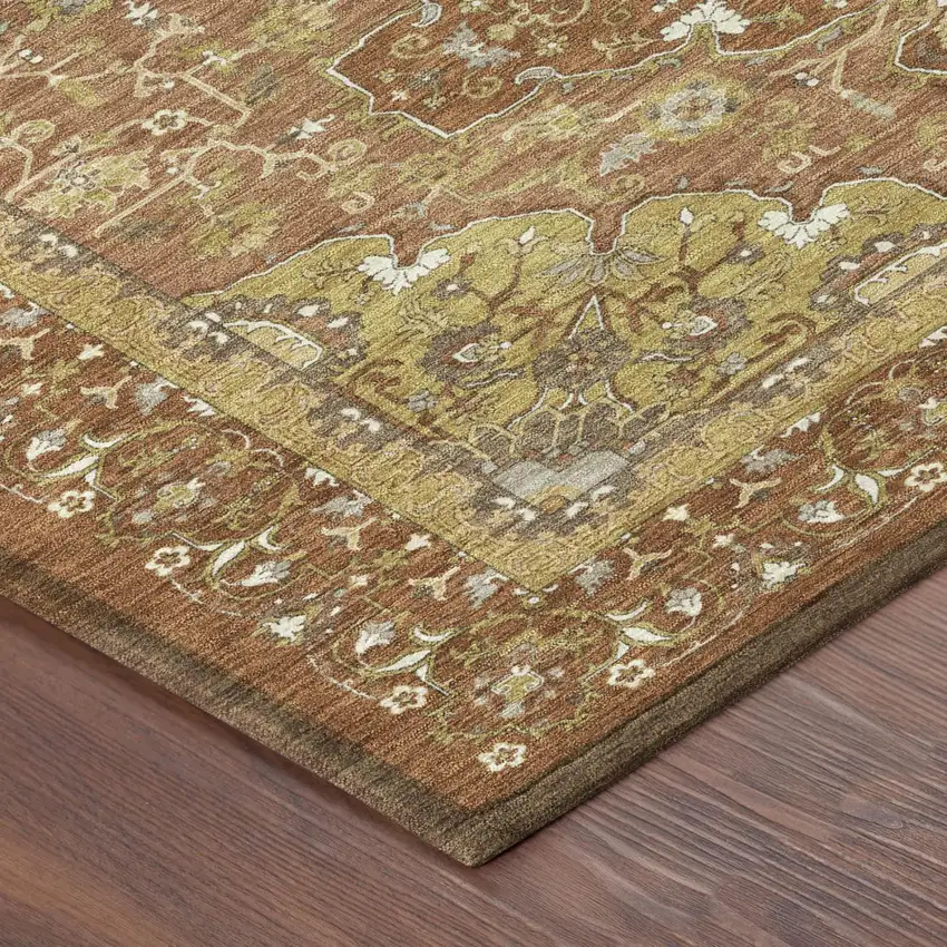 8' Orange And Brown Round Oriental Washable Indoor Outdoor Area Rug Photo 3