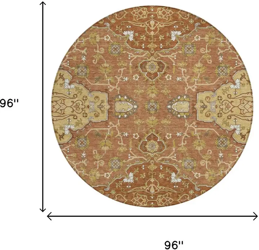 8' Orange And Brown Round Oriental Washable Indoor Outdoor Area Rug Photo 5