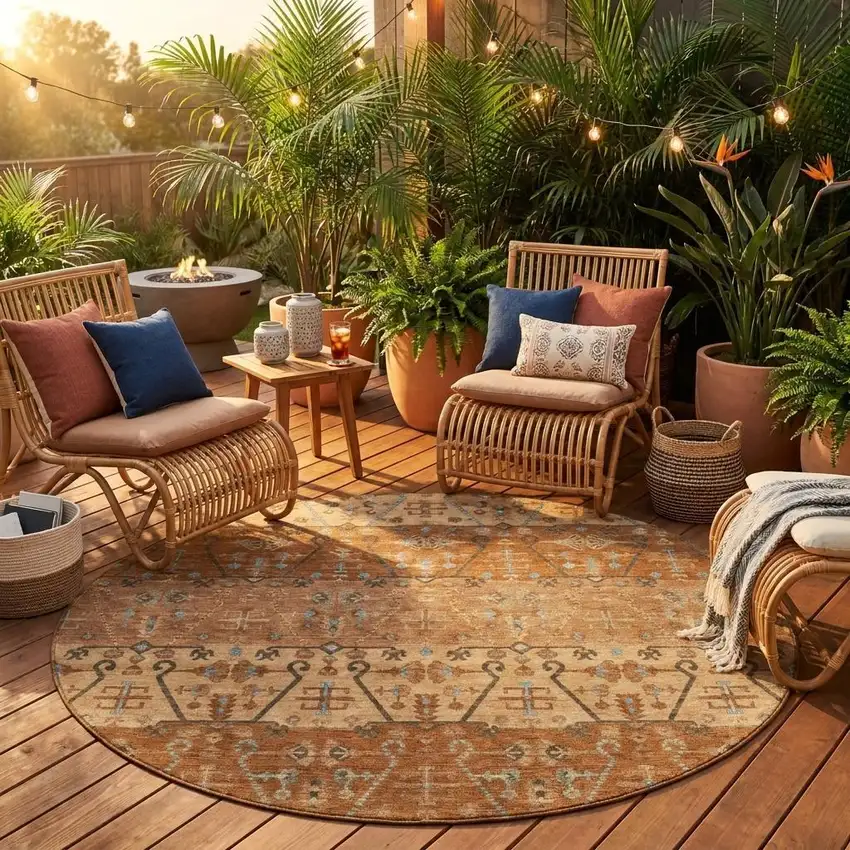 8' Orange And Brown Round Oriental Washable Indoor Outdoor Area Rug Photo 1