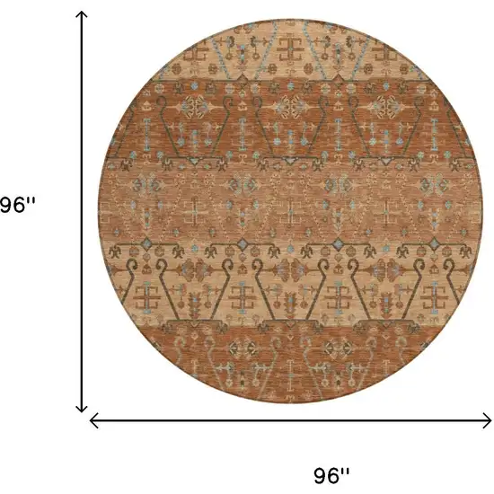 8' Orange And Brown Round Oriental Washable Indoor Outdoor Area Rug Photo 5