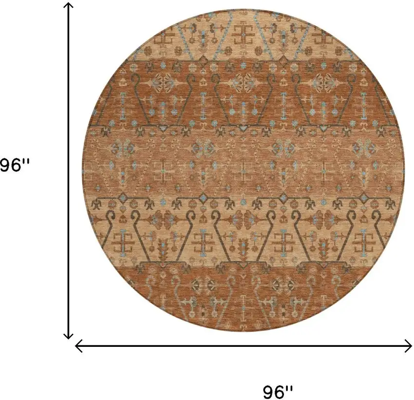 8' Orange And Brown Round Oriental Washable Indoor Outdoor Area Rug Photo 5