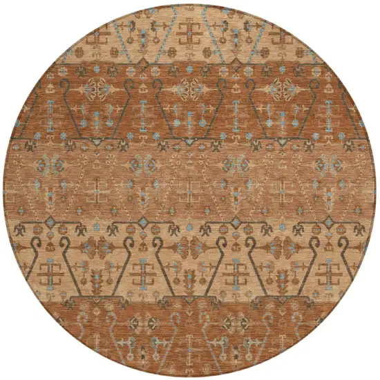 8' Orange And Brown Round Oriental Washable Indoor Outdoor Area Rug Photo 2