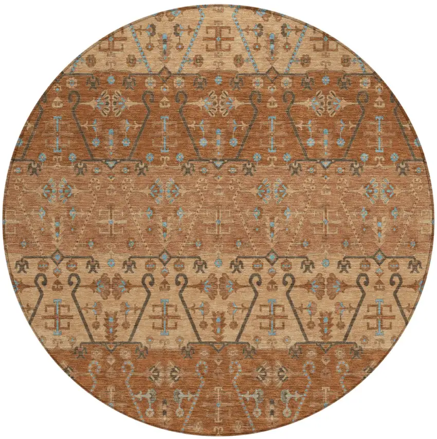 8' Orange And Brown Round Oriental Washable Indoor Outdoor Area Rug Photo 2