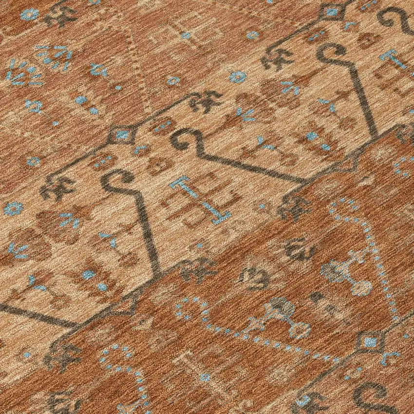8' Orange And Brown Round Oriental Washable Indoor Outdoor Area Rug Photo 4