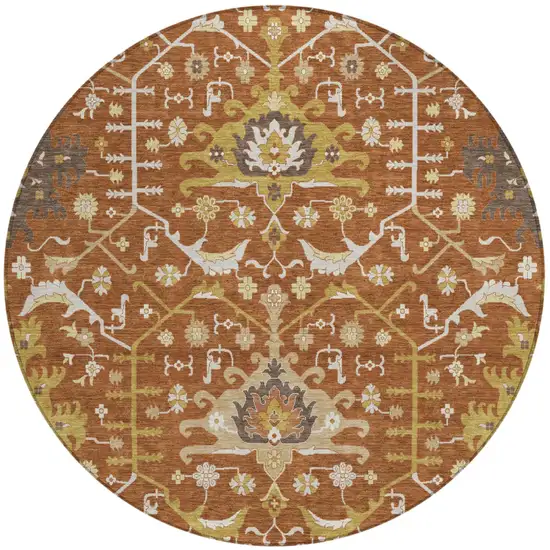 8' Orange And Brown Round Oriental Washable Indoor Outdoor Area Rug Photo 2