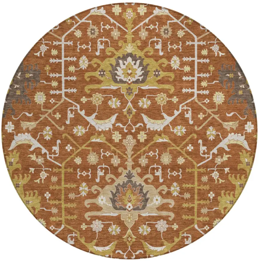 8' Orange And Brown Round Oriental Washable Indoor Outdoor Area Rug Photo 2