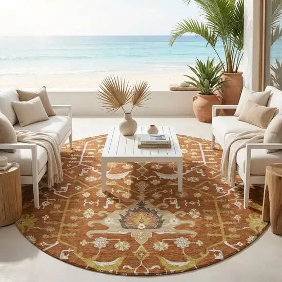 8' Orange And Brown Round Oriental Washable Indoor Outdoor Area Rug Photo 1
